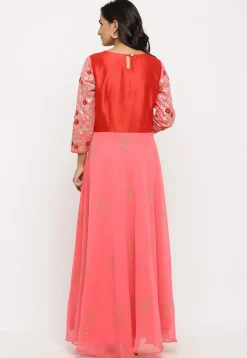 Embroidered Georgette Abaya Style Suit in Peach and Red