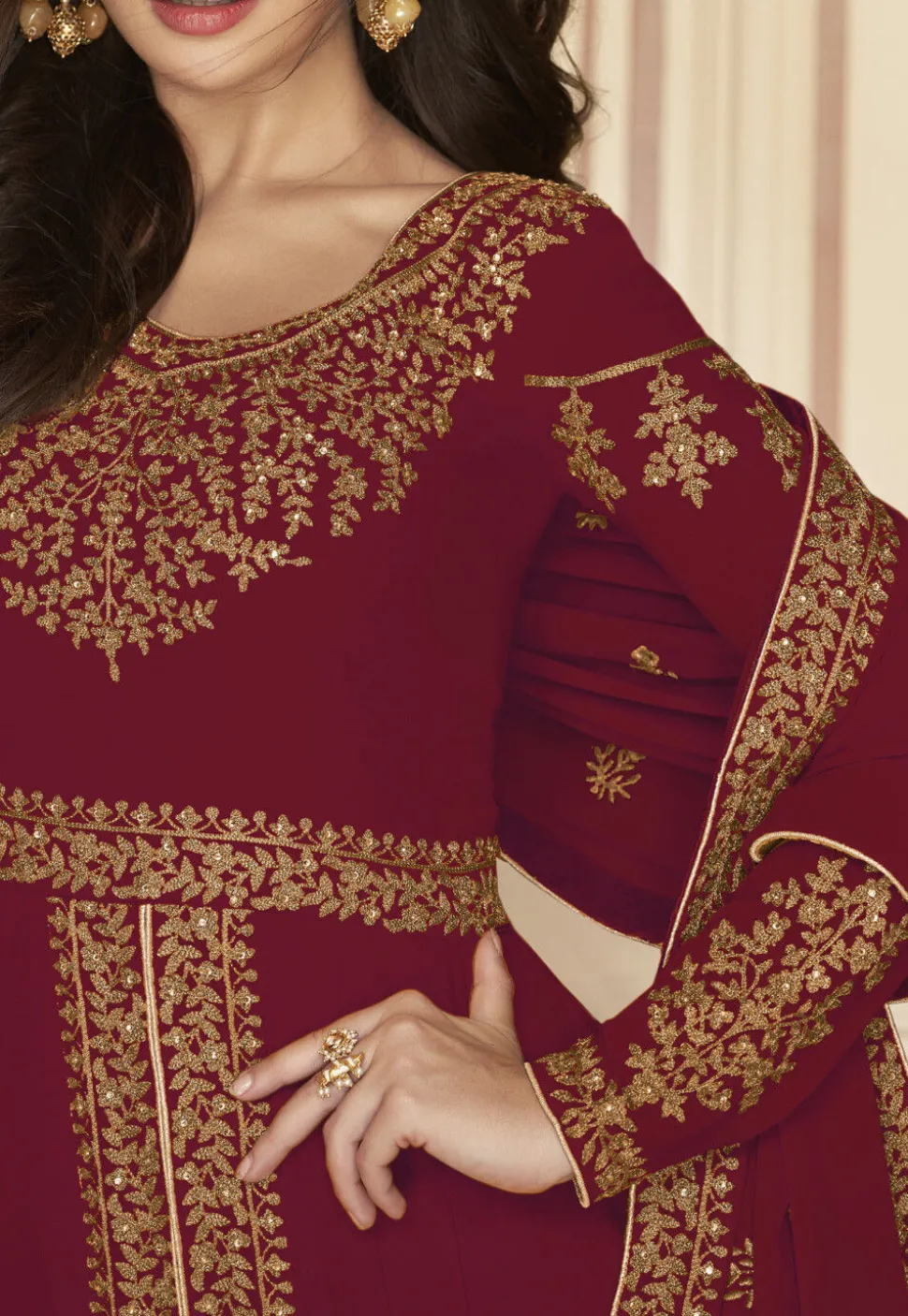 Embroidered Georgette Abaya Style Suit in Maroon
