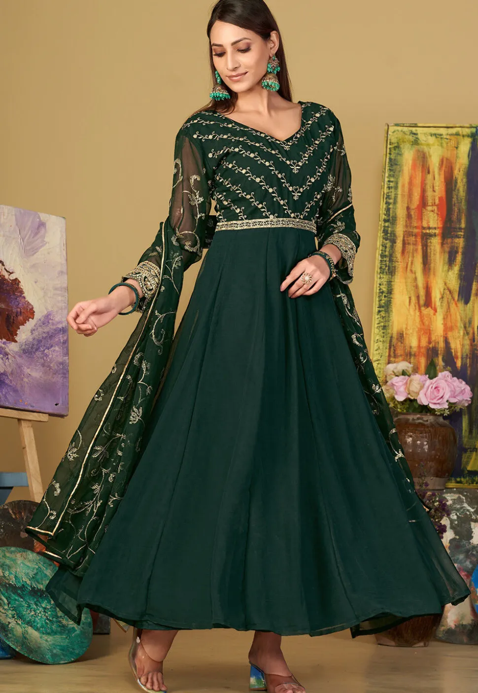 Embroidered Georgette Abaya Style Suit in Dark Green