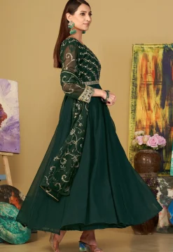 Embroidered Georgette Abaya Style Suit in Dark Green