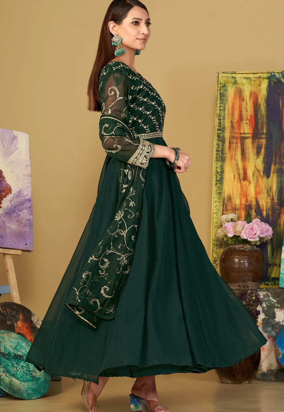 Embroidered Georgette Abaya Style Suit in Dark Green