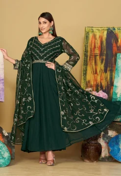 Embroidered Georgette Abaya Style Suit in Dark Green