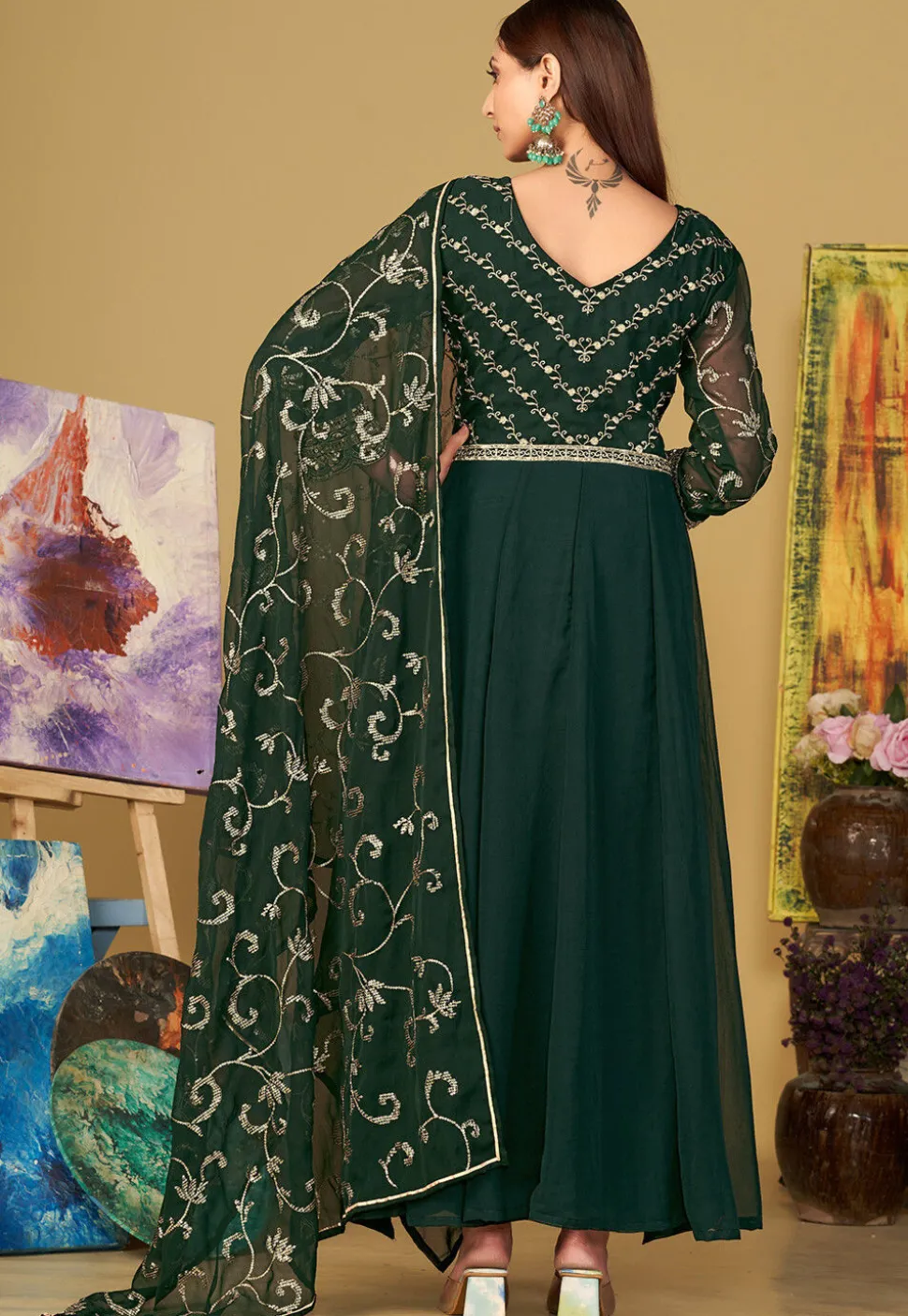 Embroidered Georgette Abaya Style Suit in Dark Green