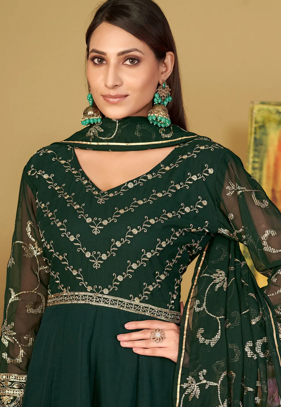 Embroidered Georgette Abaya Style Suit in Dark Green