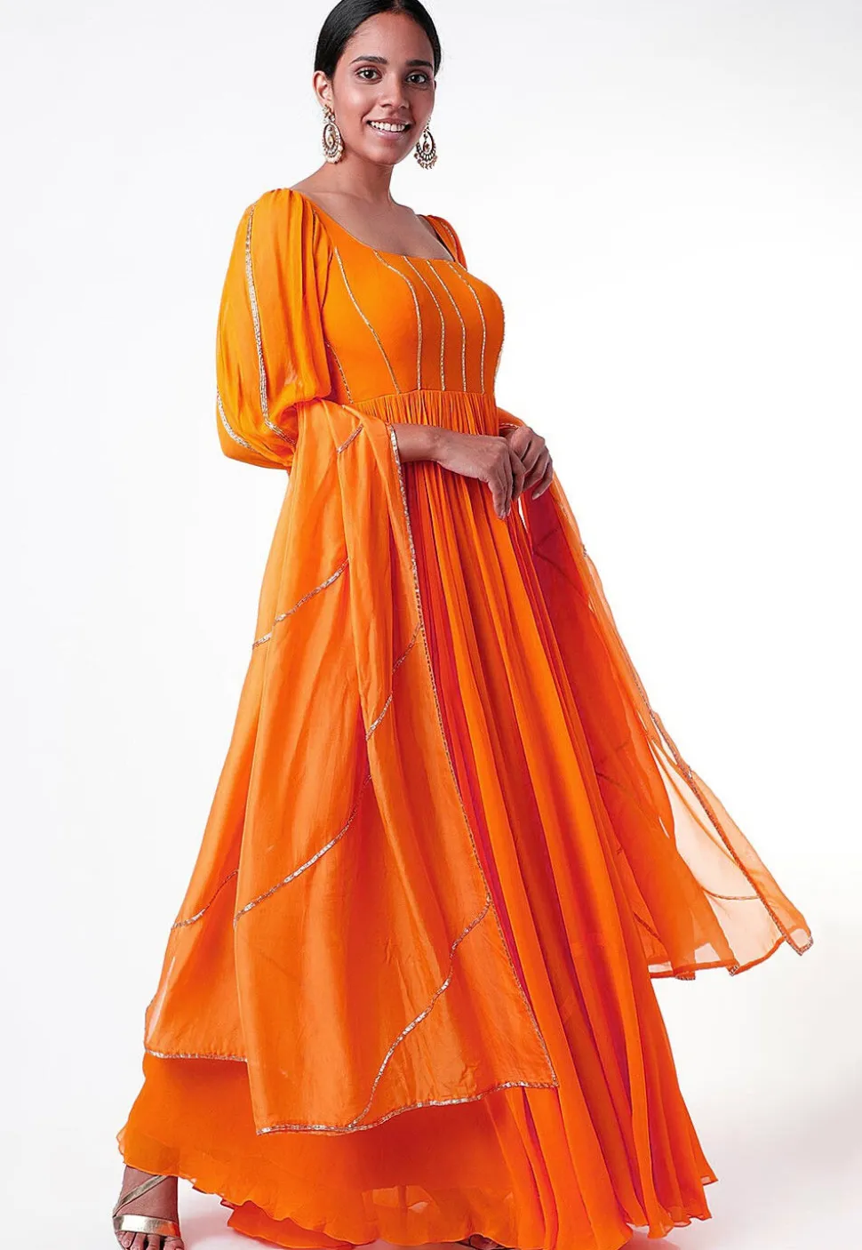 Embroidered Georgette Abaya Style Suit in Orange