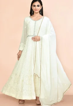 Embroidered Georgette Abaya Style Suit in Off White