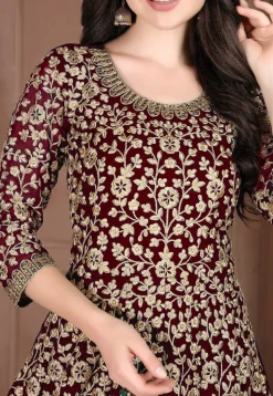 Embroidered Georgette Abaya Style Suit in Maroon