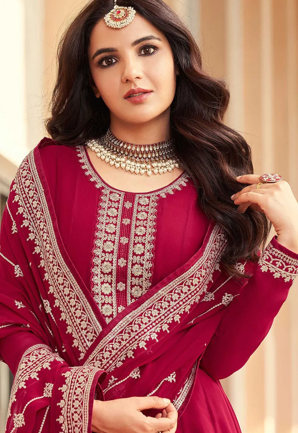 Embroidered Georgette Abaya Style Suit in Fuchsia