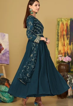 Embroidered Georgette Abaya Style Suit in Teal Blue