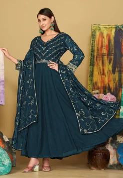 Embroidered Georgette Abaya Style Suit in Teal Blue