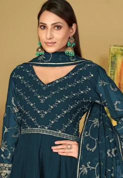 Embroidered Georgette Abaya Style Suit in Teal Blue