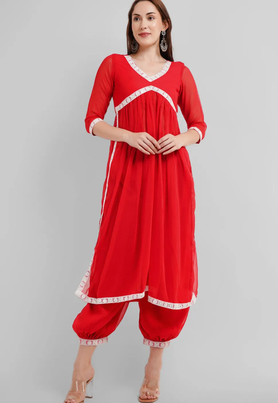Embroidered Georgette Alia Cut Punjabi Suit in Red