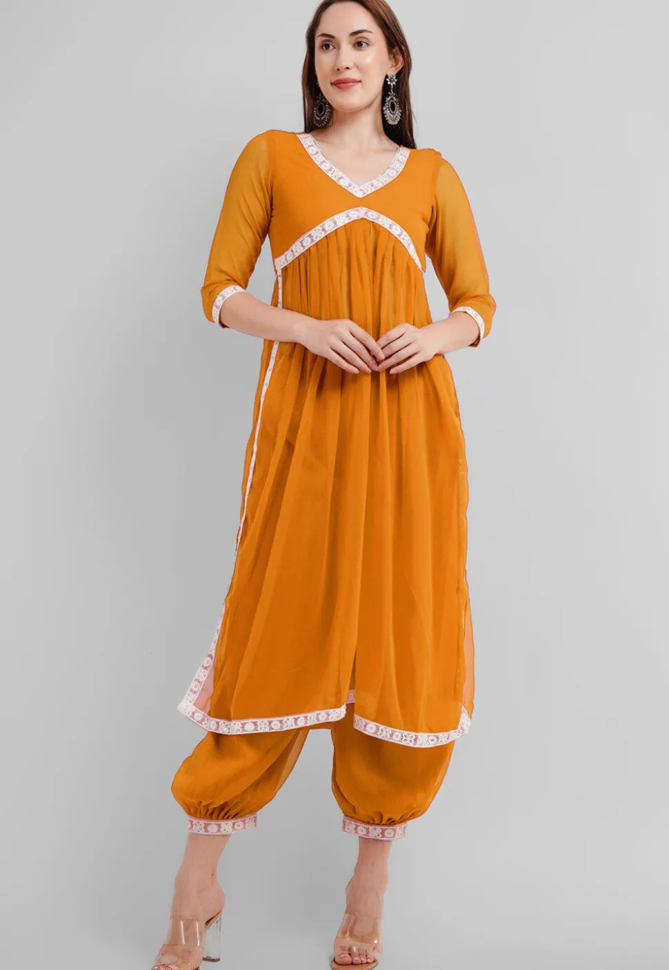 Embroidered Georgette Alia Cut Punjabi Suit in Mustard