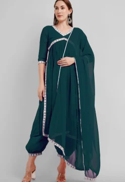 Embroidered Georgette Alia Cut Punjabi Suit in Dark Teal Green
