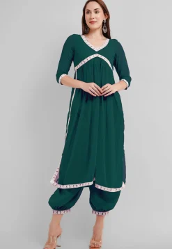 Embroidered Georgette Alia Cut Punjabi Suit in Dark Teal Green