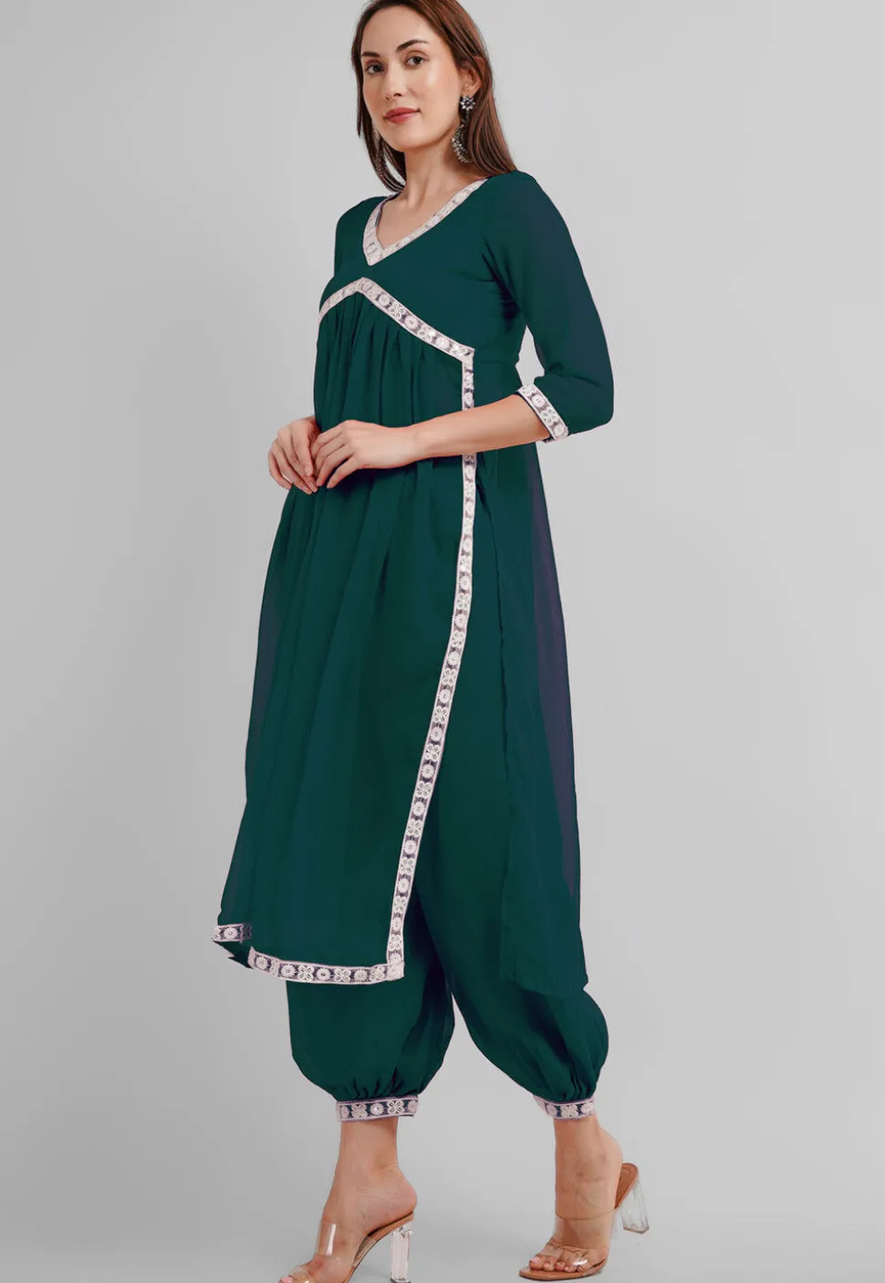 Embroidered Georgette Alia Cut Punjabi Suit in Dark Teal Green