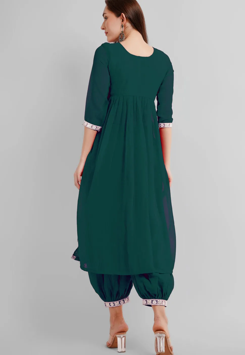 Embroidered Georgette Alia Cut Punjabi Suit in Dark Teal Green