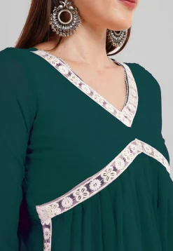 Embroidered Georgette Alia Cut Punjabi Suit in Dark Teal Green