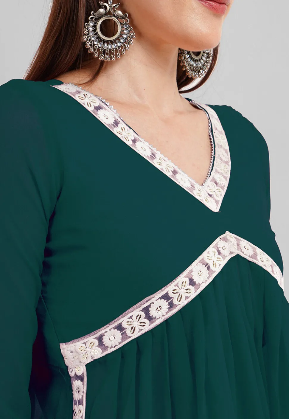 Embroidered Georgette Alia Cut Punjabi Suit in Dark Teal Green
