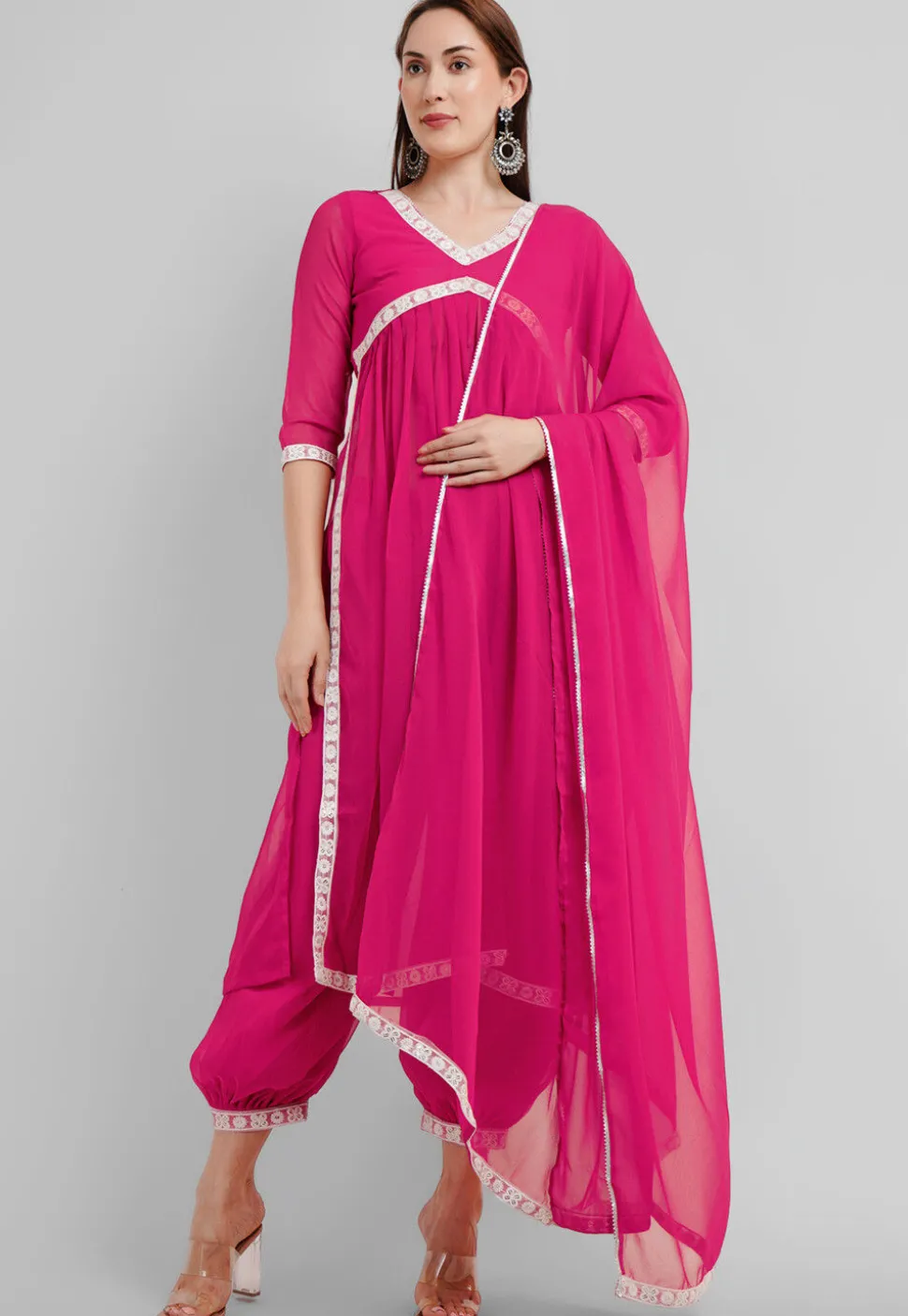 Embroidered Georgette Alia Cut Punjabi Suit in Fuchsia