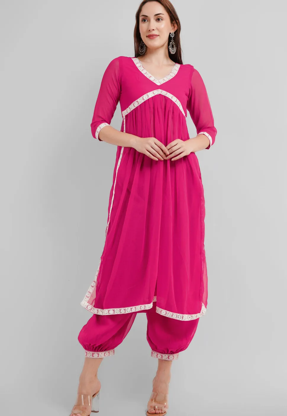 Embroidered Georgette Alia Cut Punjabi Suit in Fuchsia