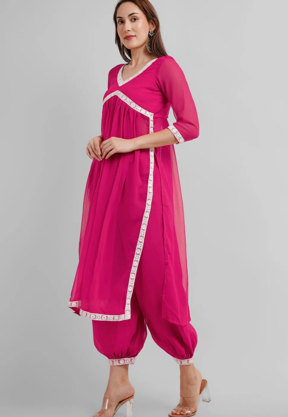 Embroidered Georgette Alia Cut Punjabi Suit in Fuchsia