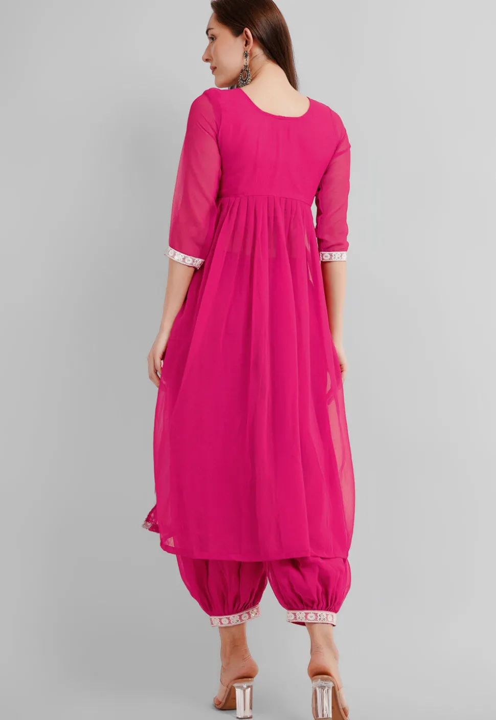 Embroidered Georgette Alia Cut Punjabi Suit in Fuchsia