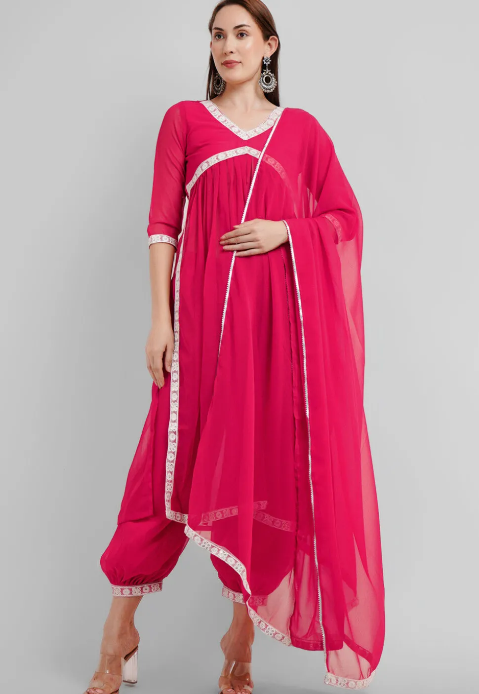 Embroidered Georgette Alia Cut Punjabi Suit in Neon Fuchsia