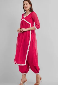 Embroidered Georgette Alia Cut Punjabi Suit in Neon Fuchsia