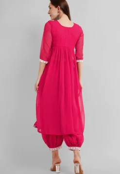 Embroidered Georgette Alia Cut Punjabi Suit in Neon Fuchsia