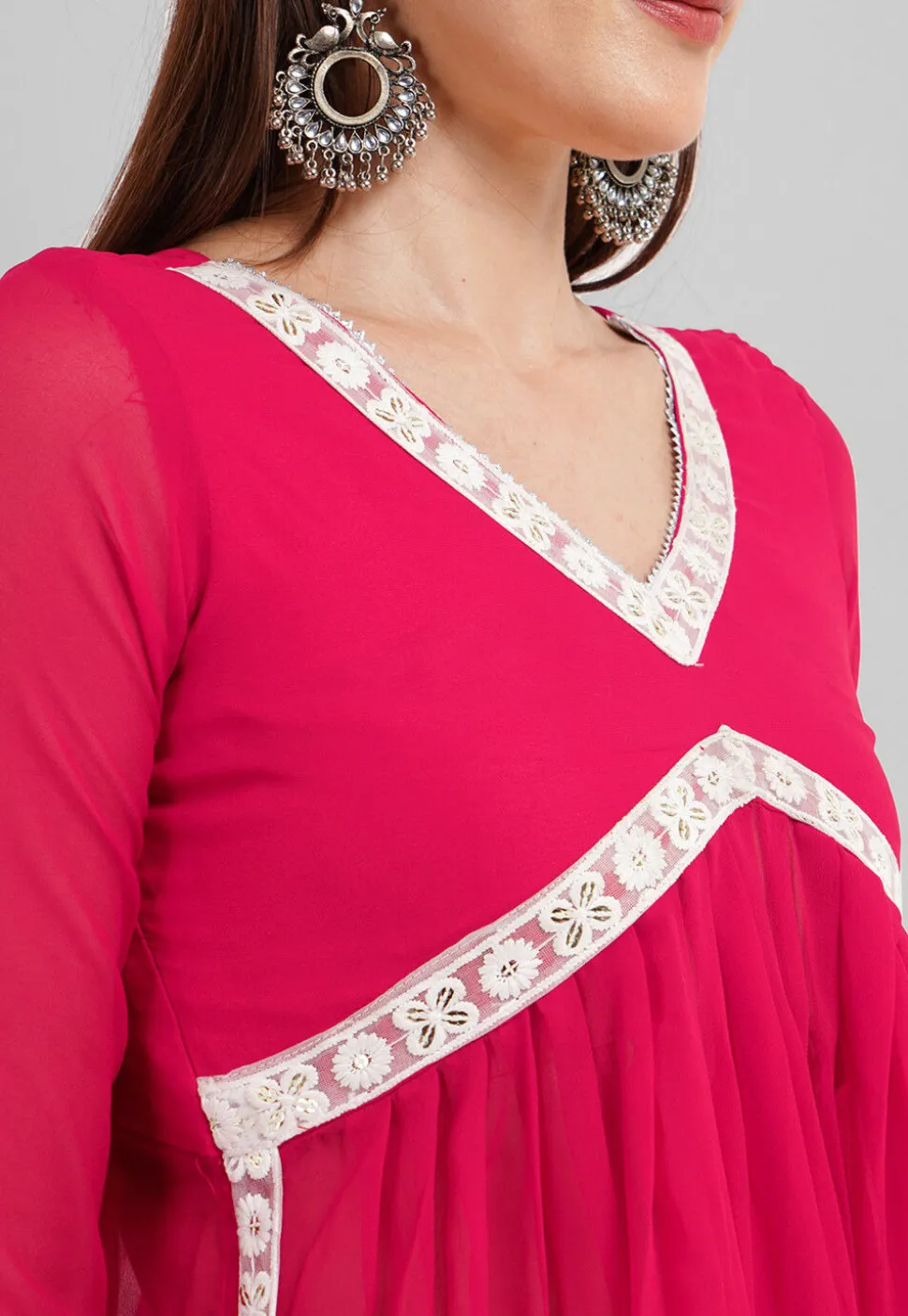 Embroidered Georgette Alia Cut Punjabi Suit in Neon Fuchsia