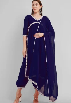 Embroidered Georgette Alia Cut Punjabi Suit in Navy Blue