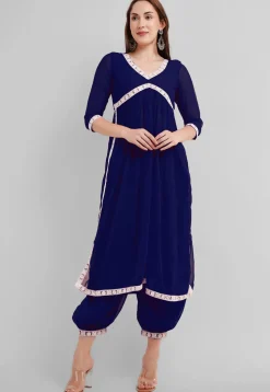 Embroidered Georgette Alia Cut Punjabi Suit in Navy Blue