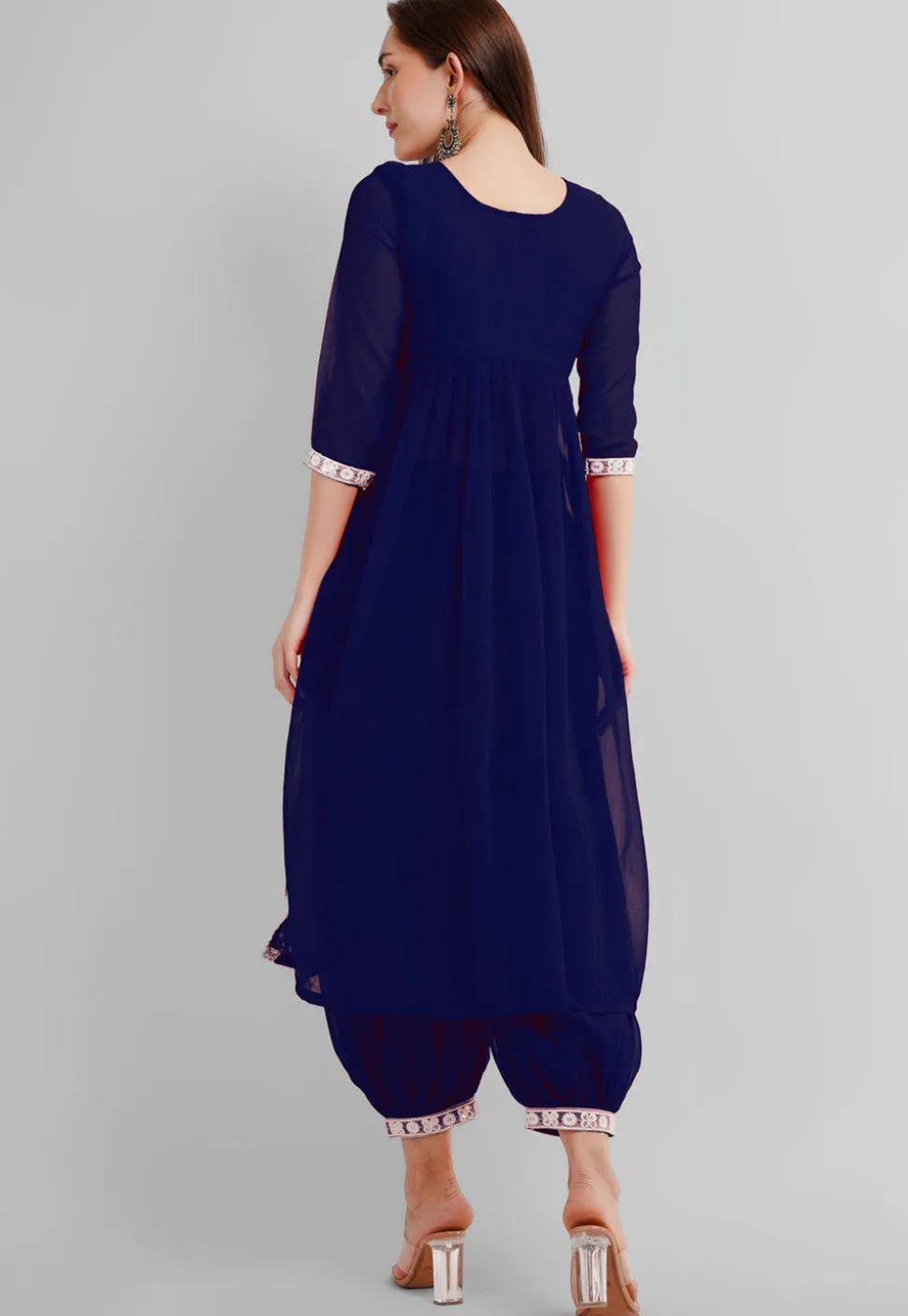Embroidered Georgette Alia Cut Punjabi Suit in Navy Blue
