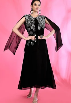 Embroidered Georgette Aline Dress in Black