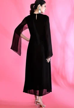 Embroidered Georgette Aline Dress in Black
