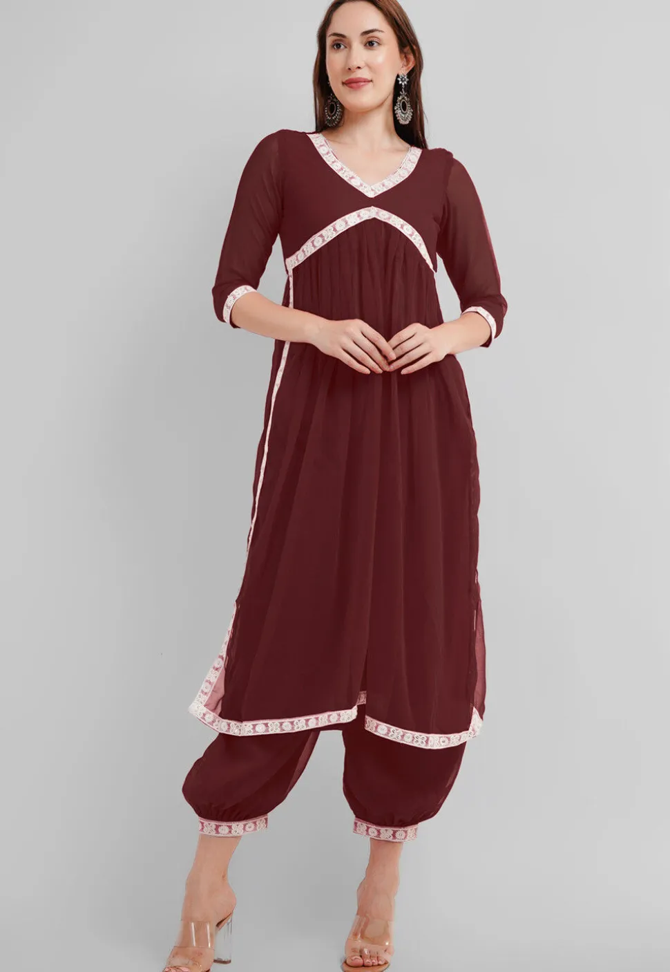 Embroidered Georgette Alia Cut Punjabi Suit in Dark Brown