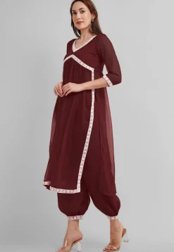 Embroidered Georgette Alia Cut Punjabi Suit in Dark Brown