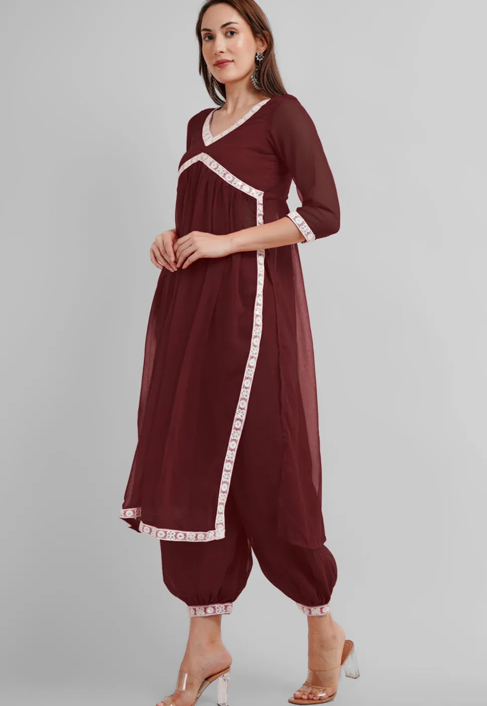 Embroidered Georgette Alia Cut Punjabi Suit in Dark Brown