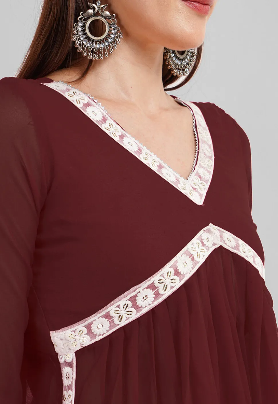Embroidered Georgette Alia Cut Punjabi Suit in Dark Brown