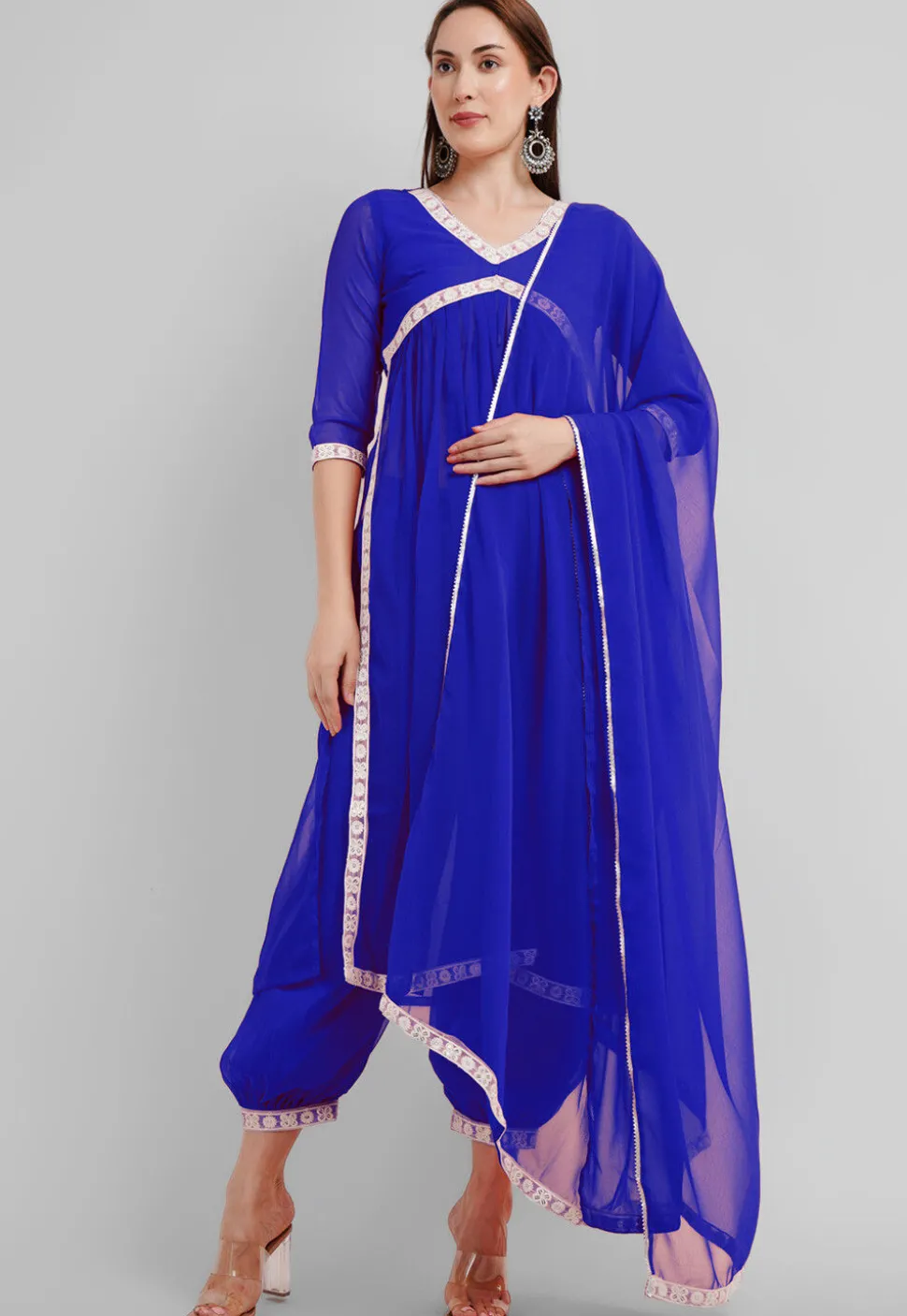 Embroidered Georgette Alia Cut Punjabi Suit in Royal Blue