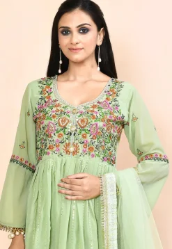 Embroidered Georgette Aline Suit in Green