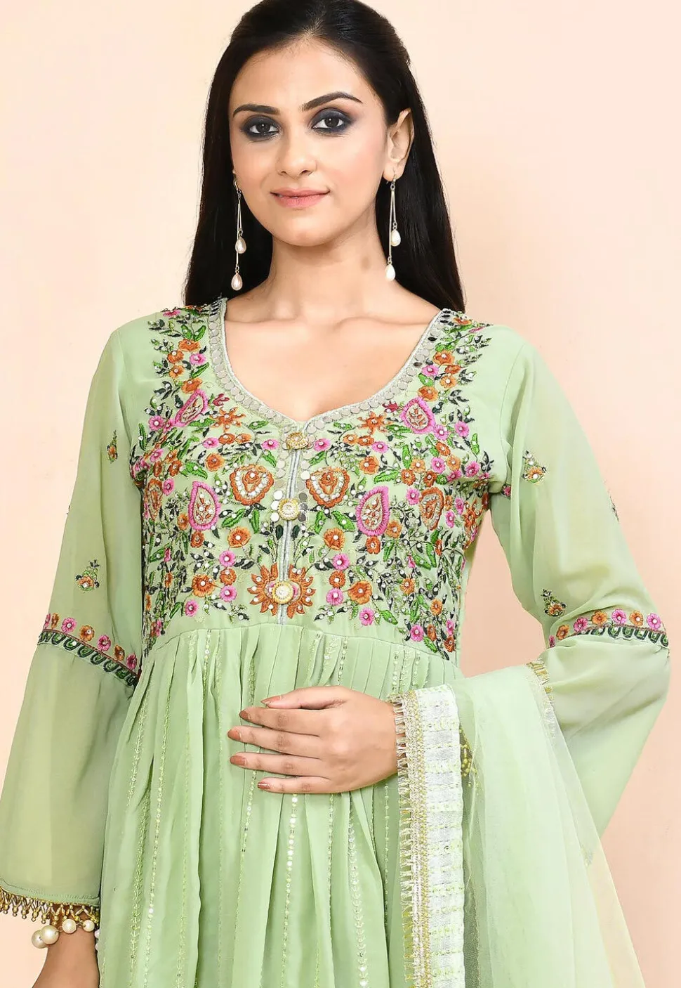 Embroidered Georgette Aline Suit in Green