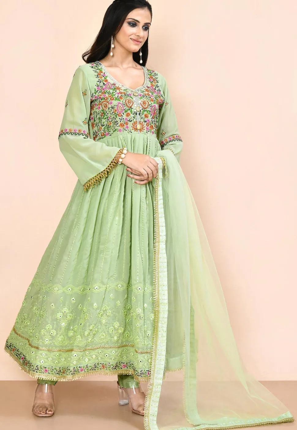 Embroidered Georgette Aline Suit in Green