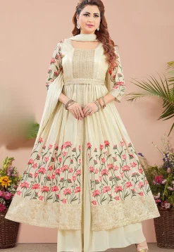 Embroidered Georgette Anarkali suit in Light Beige