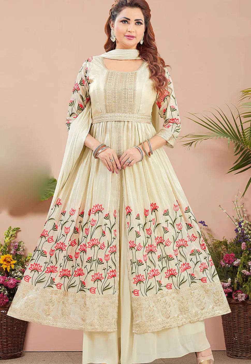 Embroidered Georgette Anarkali suit in Light Beige