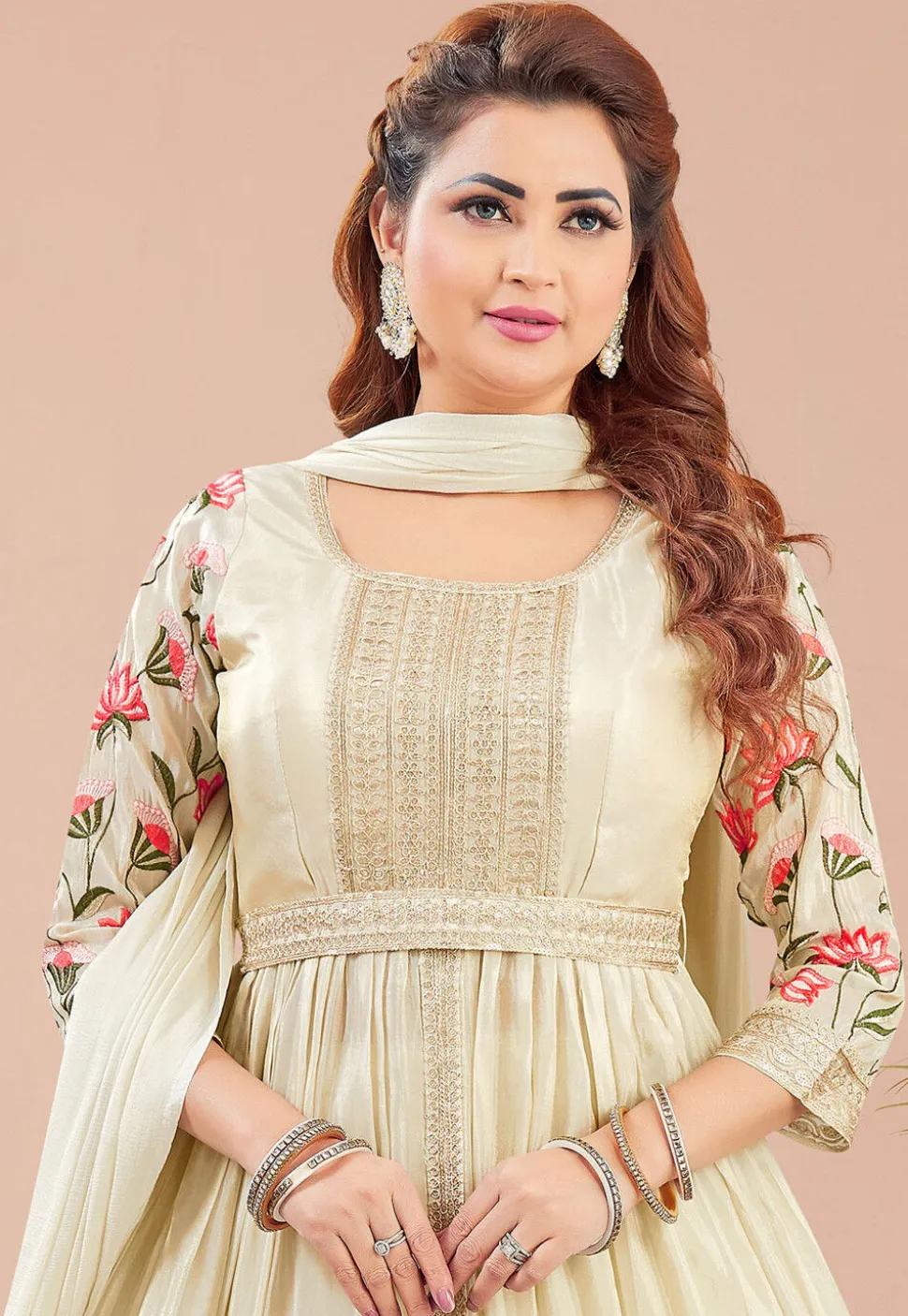 Embroidered Georgette Anarkali suit in Light Beige