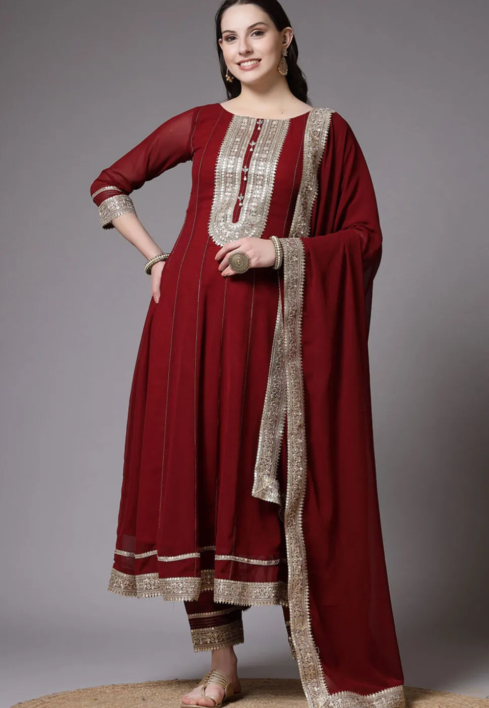 Embroidered Georgette Anarkali Suit in Maroon