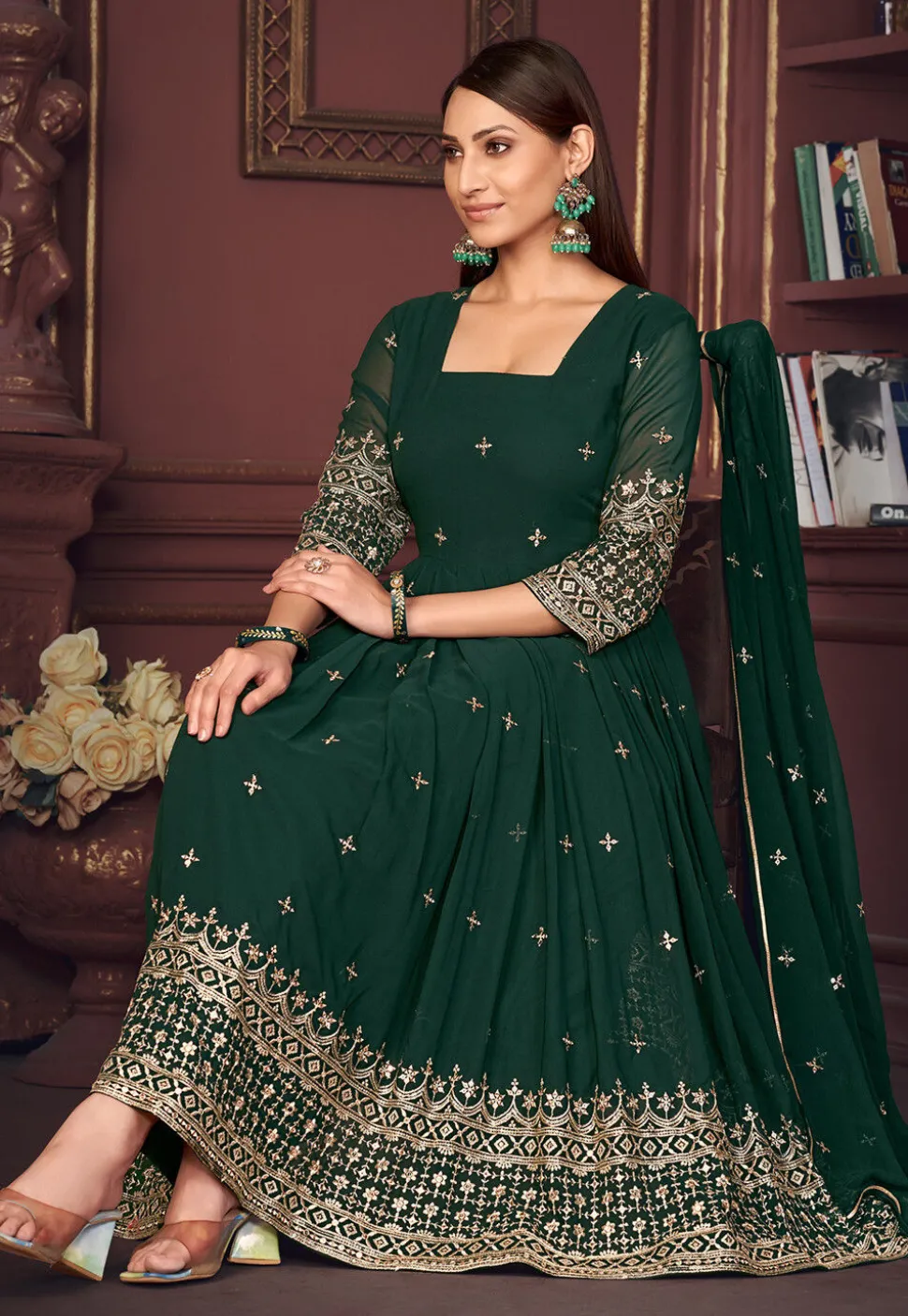 Embroidered Georgette Anarkali Suit in Green