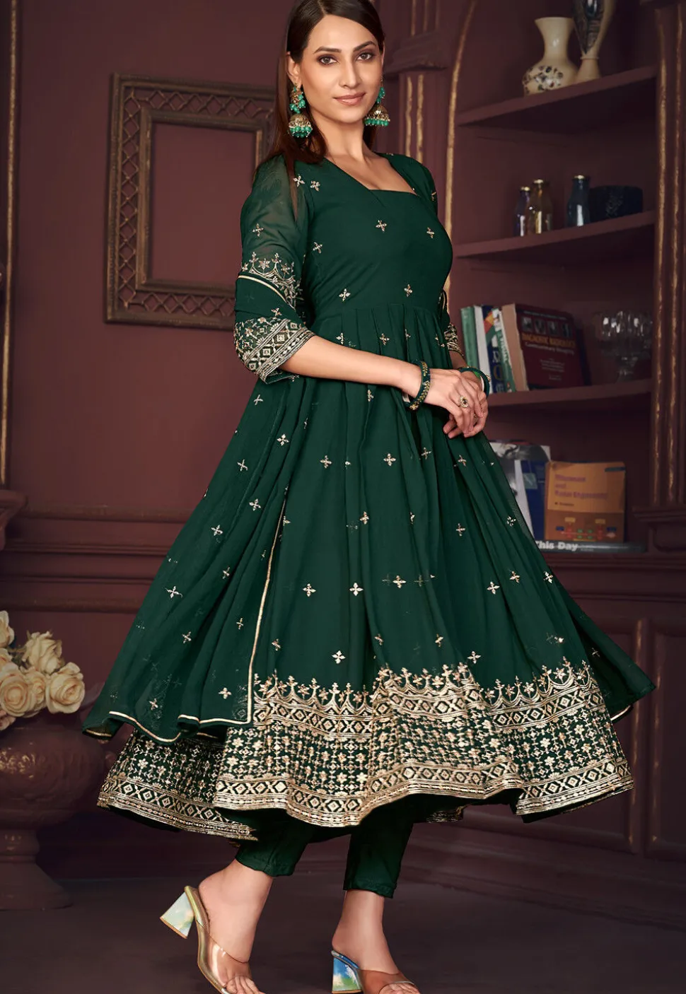 Embroidered Georgette Anarkali Suit in Green
